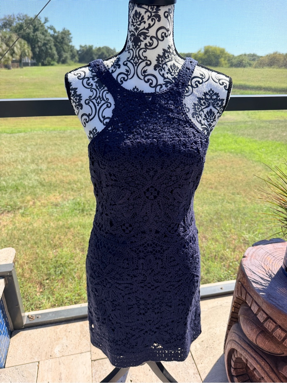 Lilly Pulitzer Navy Crochet Lace Halter Mini Dress Size S Open Back Resort